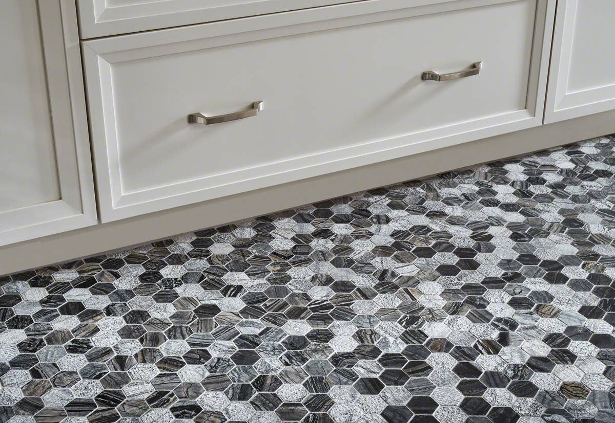 12x12 Henley Hexagon Mosaic Natural-Look Polished Textured Marble Tile Black Beige