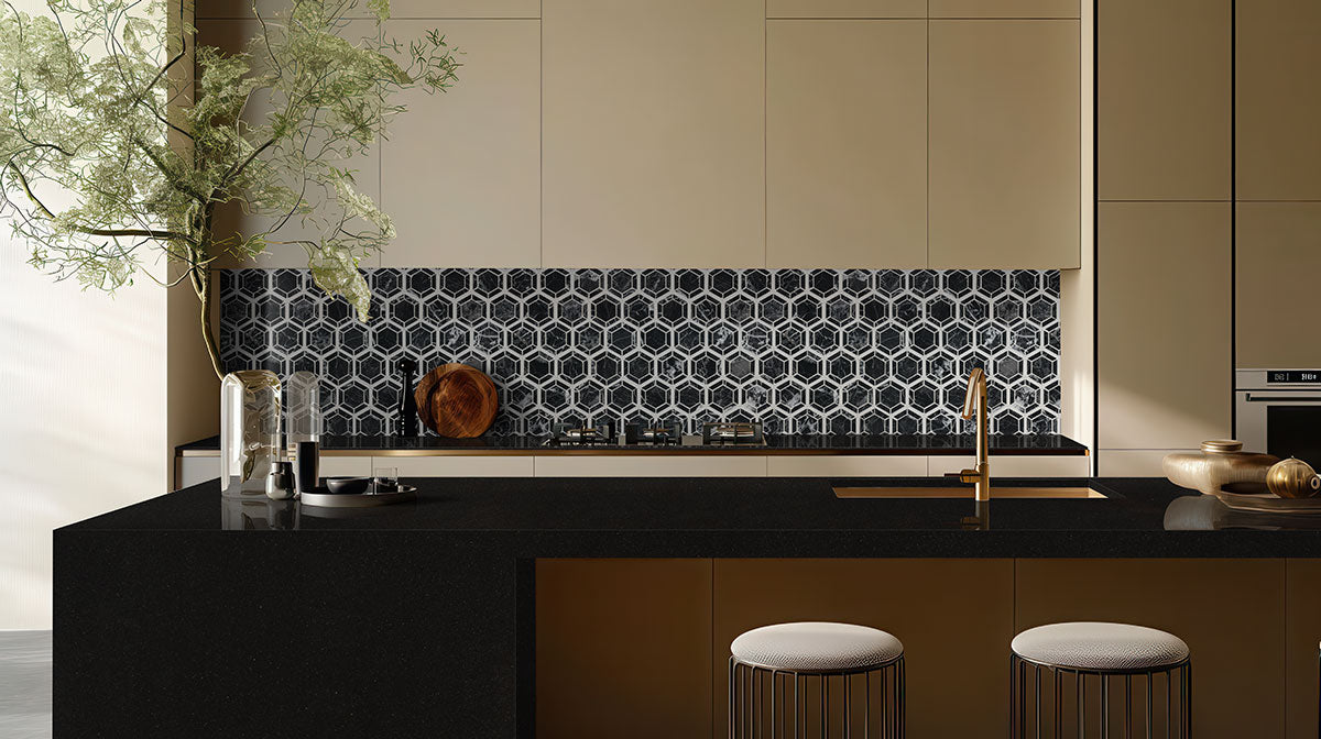 12x12 Hexagono Hexagon Framed Border Mosaic Natural-Look Polished Smooth Marble Tile