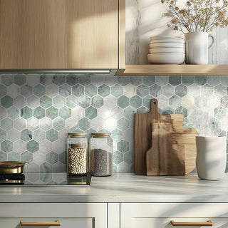 White Green - 2" Iceland Hexagon Mosaic Natural-Look Polished Smooth Marble Tile