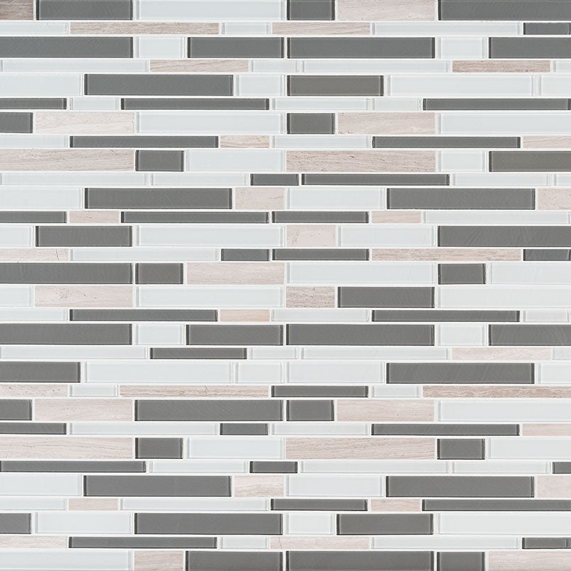 12x12 Gray Mosaic Natural-Look Glossy Smooth Porcelain & Glass Tile White Gray