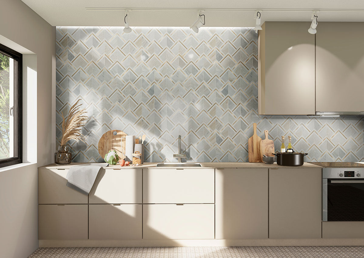 12x12 Luxor Linear Mosaic Natural-Look Matte Smooth Porcelain & Metal Tile White Gold