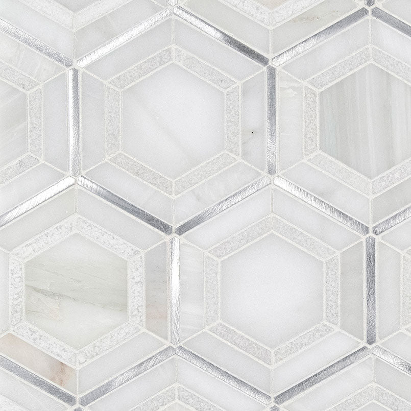 12x12 Medici Hexagon Framed Border Mosaic Metallic-Look Metallic Textured Porcelain & Metal Tile White Silver