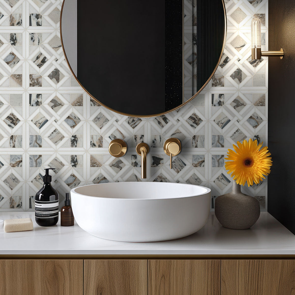 12x12 Tessere Mosaic Natural-Look Polished Smooth Marble Tile White Gray