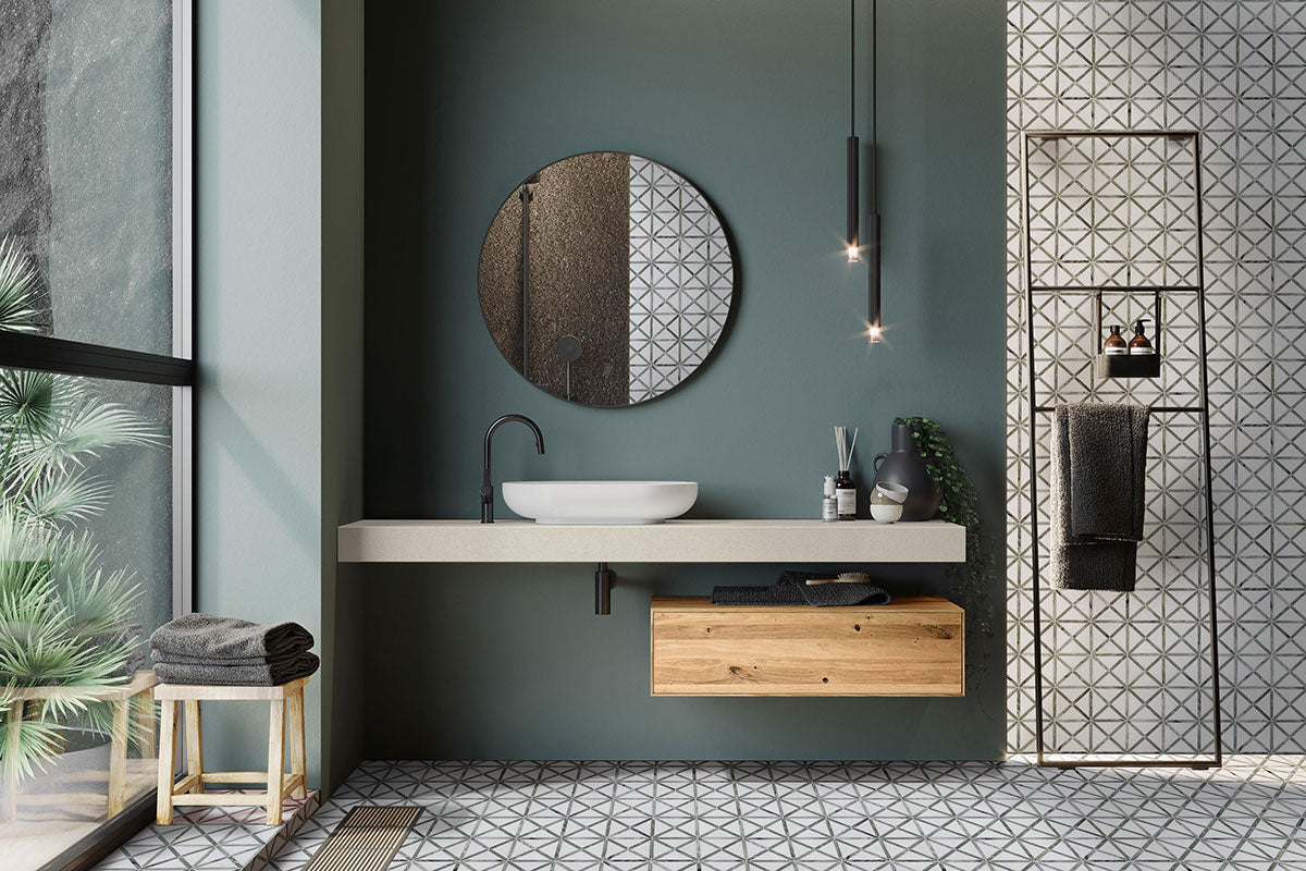 12x12 Verdant Triangle Linear Mosaic Natural-Look Polished Smooth Marble Tile Green Gray