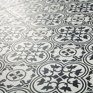 Petal Black - 12x12 Memoir Petal Floral Patterned Encaustic-Look Matte Smooth Ceramic Tile