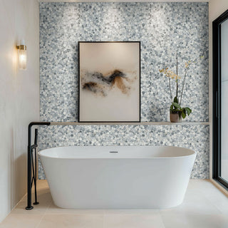 Gray White - 12x12 Rio Lago Penny Round Mosaic Natural-Look Polished Smooth Marble Tile