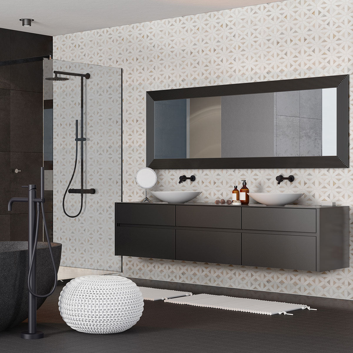 12x12 Angora Polygon Lattice Mosaic Natural-Look Polished Smooth Marble Tile