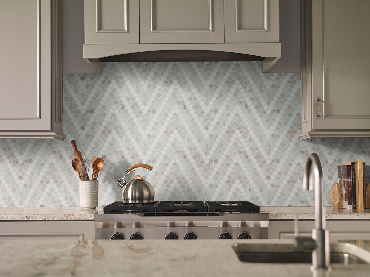 1" Angora Hexagon Mosaic Natural-Look Polished Smooth Marble Tile