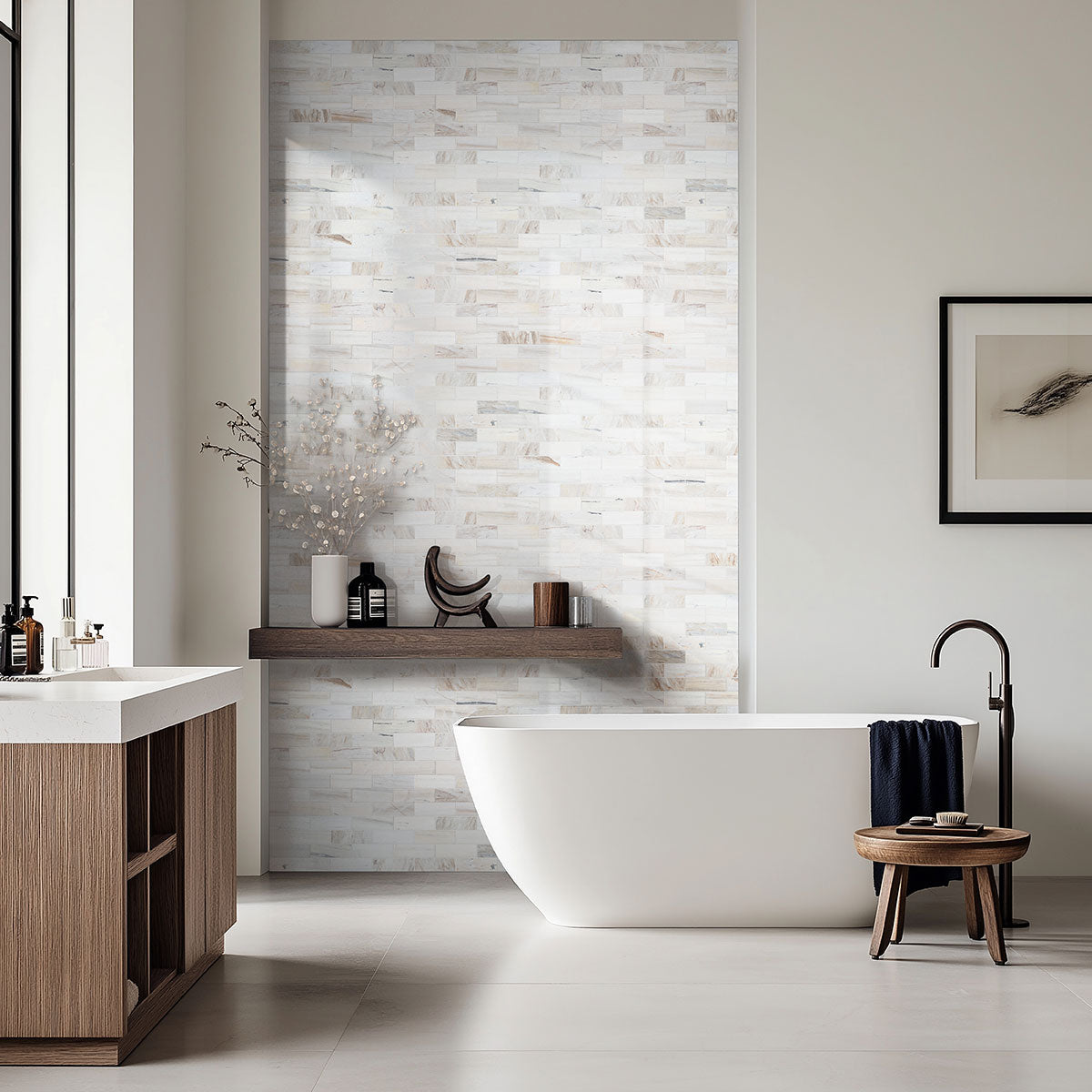 2x6 Angora Mosaic Natural-Look Polished Smooth Marble Tile