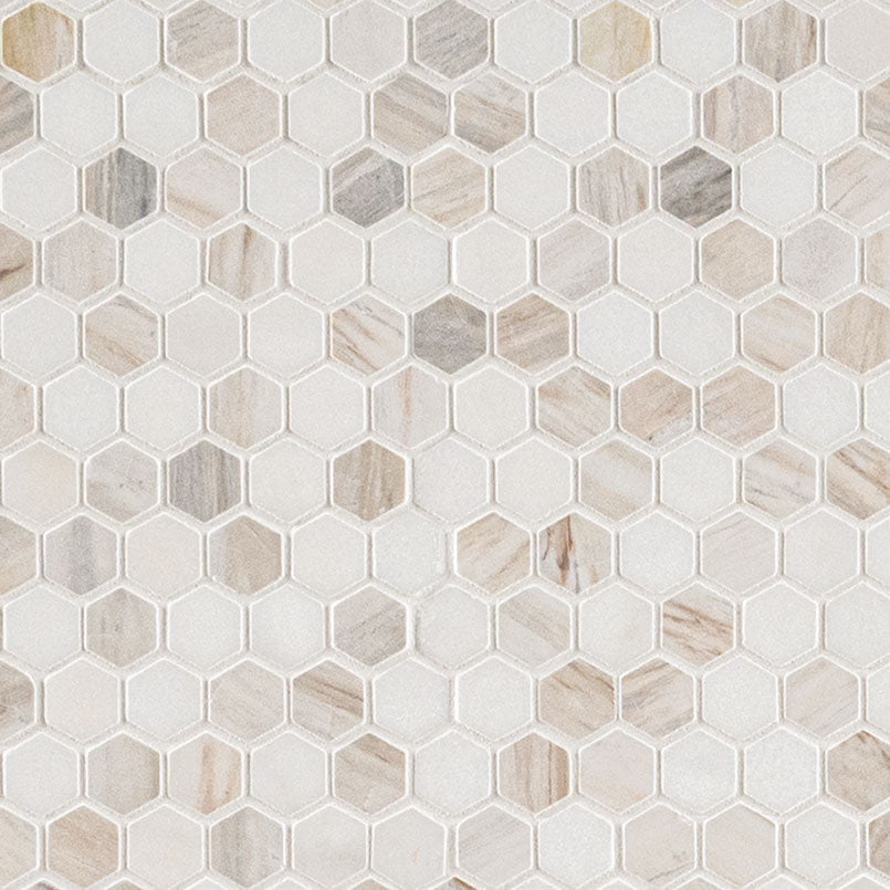 1" Angora Hexagon Mosaic Natural-Look Polished Smooth Marble Tile