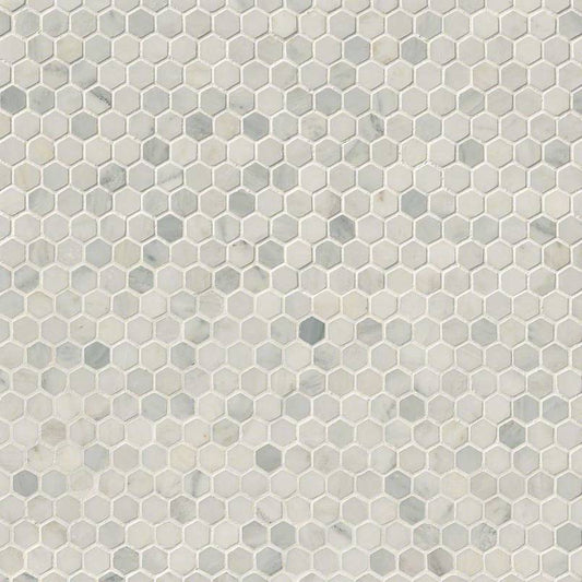 White Gray - 1" Arabescato Hexagon Mosaic Natural-Look Honed Smooth Marble Tile