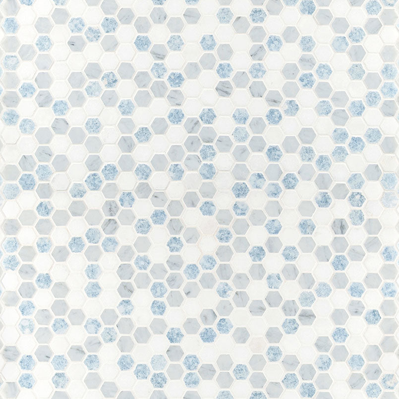 1" Azula Hexagon Random Pattern Mosaic Natural-Look Polished Smooth Marble Tile