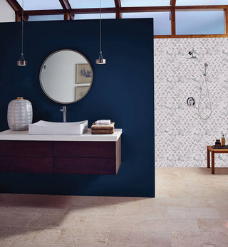 White Gray - 1x2 Bergamo Herringbone Mosaic Natural-Look Polished Smooth Marble Tile