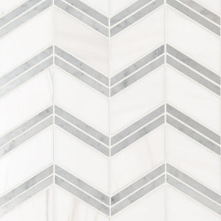 Gray & White - 12x12 Bianco Chevron Mosaic Natural-Look Polished Smooth Marble Tile