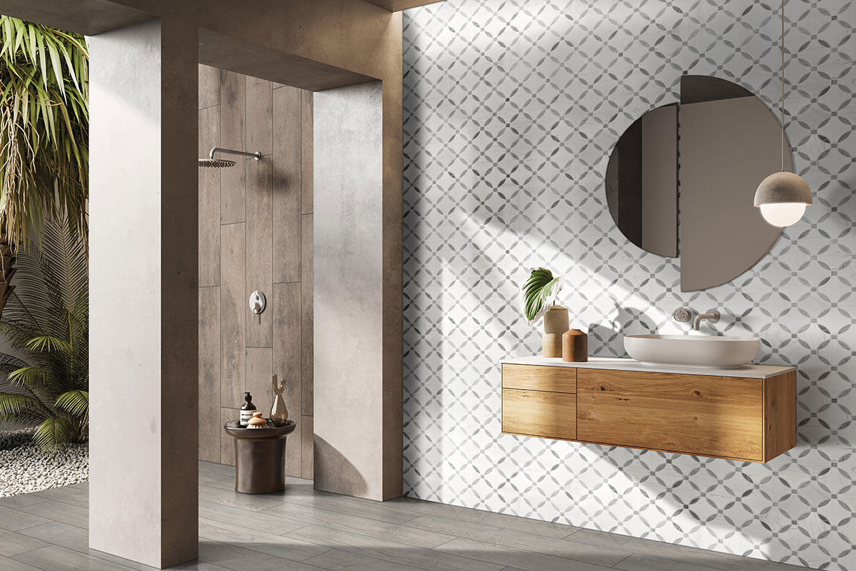 12x12 Bianco Circle Lattice Mosaic Natural-Look Polished Smooth Marble Tile