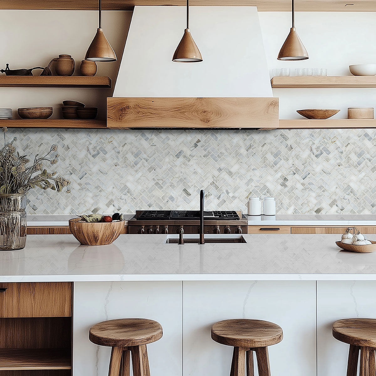 12x12 Calacatta Herringbone Mosaic Natural-Look Honed Smooth Marble Tile