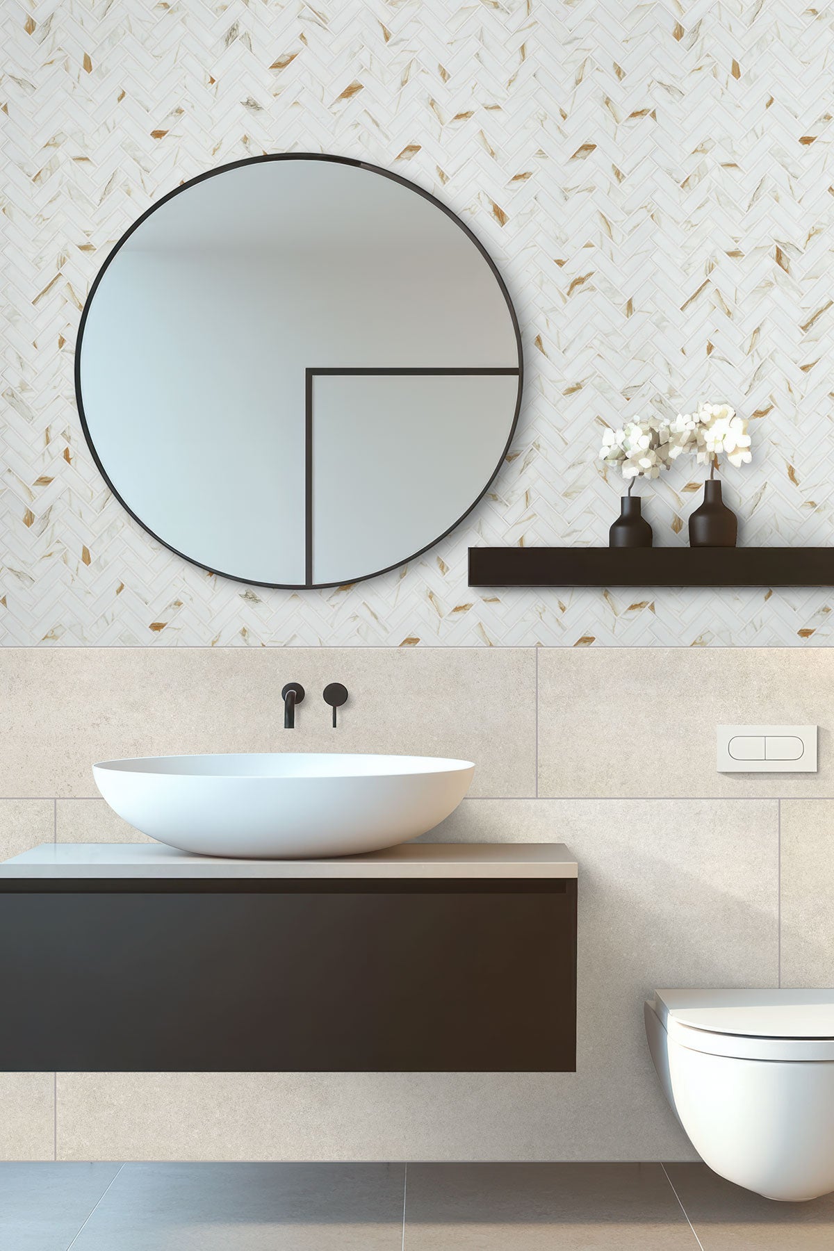 1x3 Callacata Herringbone Mosaic Marble-Look Matte Smooth Porcelain Tile