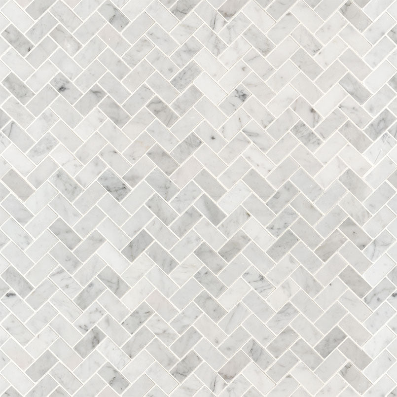 1x2 Carrara Herringbone Pattern Natural-Look Honed Smooth Marble Tile
