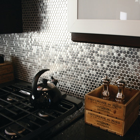 12x12 Metallica Circle  Mosaic Metallic-Look Satin Smooth Metal Tile Silver Gray