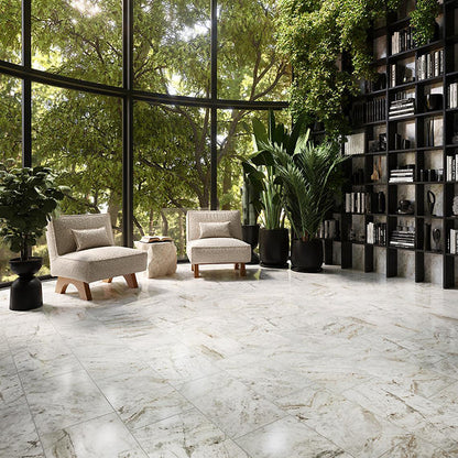 12x24 Mythique Marble  Natural Marble-Look Polished Smooth Porcelain Tile Soft White