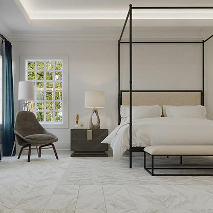 12x24 Perpetuo Light Veining  Patterned Marble-Look Satin 3D-Geometric Porcelain Tile Soft White