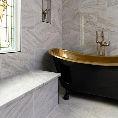 12x24 Perpetuo Light Veining  Patterned Marble-Look Satin 3D-Geometric Porcelain Tile Soft White