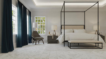 12x24 Perpetuo Light Veining  Patterned Marble-Look Satin 3D-Geometric Porcelain Tile Soft White