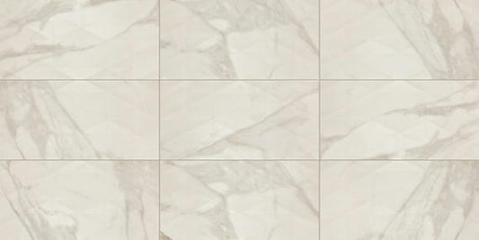 12x24 Perpetuo Light Veining  Patterned Marble-Look Satin 3D-Geometric Porcelain Tile Cream White