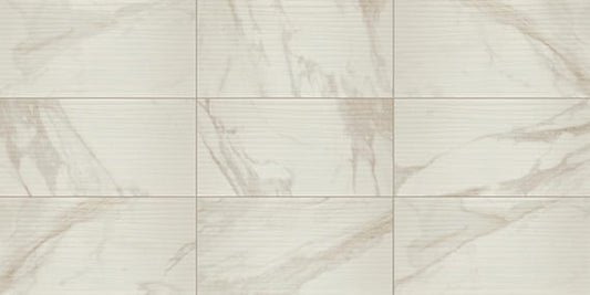 12x24 Perpetuo Light Veining  Natural Marble-Look Satin Wavy Porcelain Tile Cream White
