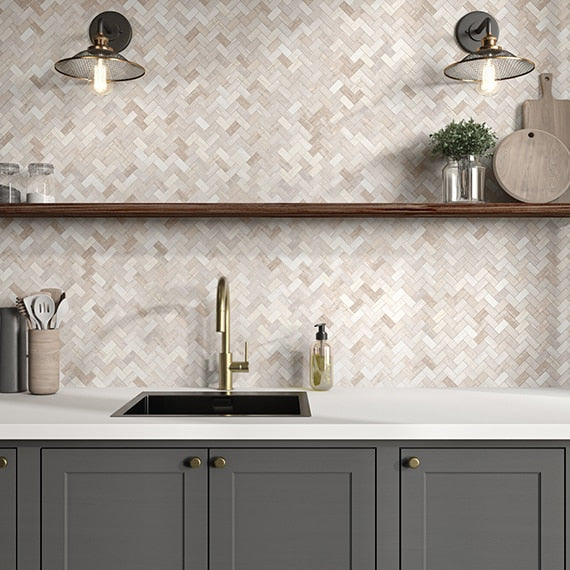 11x10 Minute Mosaix Herringbone  Mosaic Marble-Look Polished Smooth Marble Tile Taupe Gray