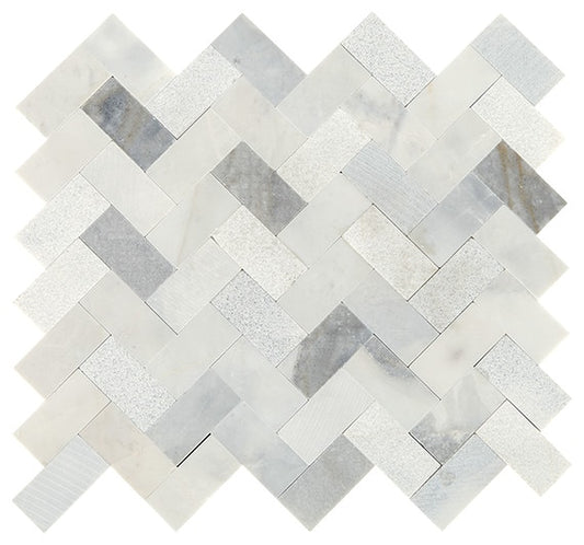 12x11 Minute Mosaix Herringbone  Mosaic Marble-Look Polished Smooth Marble Tile Silver White