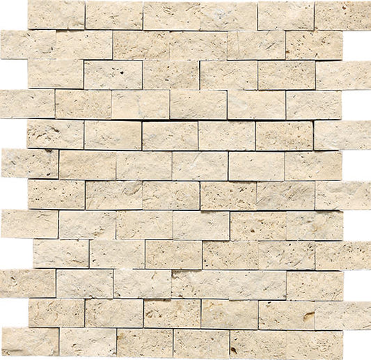 1x2 Travertine Subway Pattern Mosaic Stone-Look Matte Split-Face Travertine Tile Warm Ivory