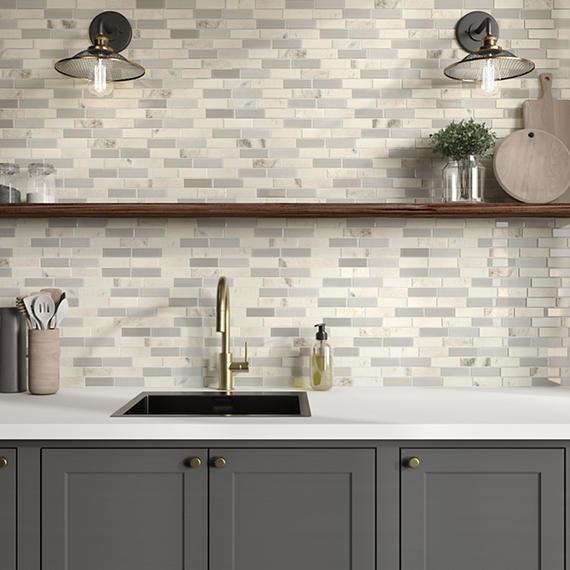 11/4x4 Simplystick Mosaix Linear Random Pattern Mosaic Mixed-Material Look Polished Smooth Glass & Stone Tile Taupe Gray