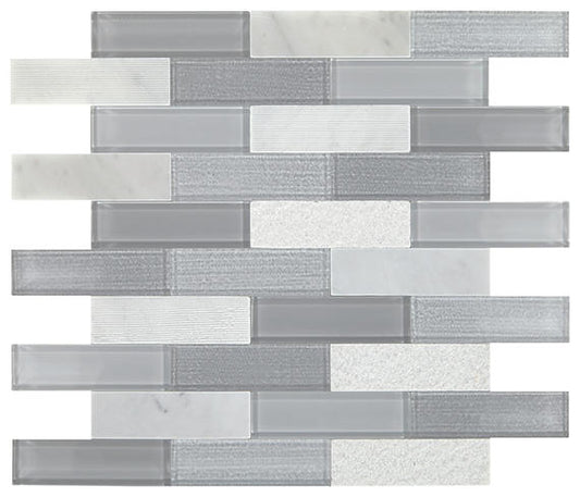11/4x4 Simplystick Mosaix Linear Random Pattern Mosaic Mixed-Material Look Polished Smooth Glass & Stone Tile Frost Gray