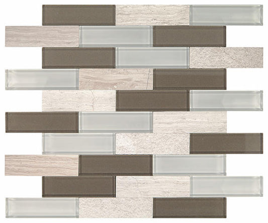11/4x4 Simplystick Mosaix Linear Random Pattern Mosaic Mixed-Material Look Polished Smooth Glass & Stone Tile Taupe Brown
