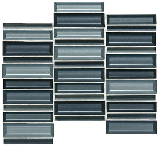1x4 Cascading Waters Random Pattern Stacked Mosaic Mixed-Color Glossy Smooth Glass Tile Slate Blue