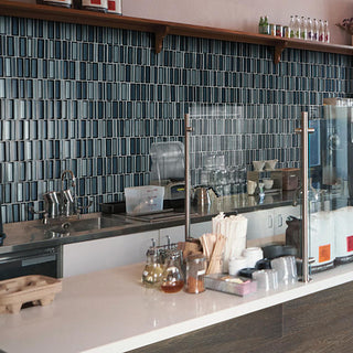 Slate Blue - 11x12 Cascading Waters Random Pattern Stacked Mosaic Mixed-Color Glossy Smooth Glass Tile