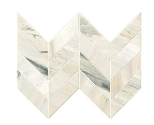 14x14 Pietra Divina Chevron Mosaic Natural-Look Polished Smooth Marble Tile Cream Marble