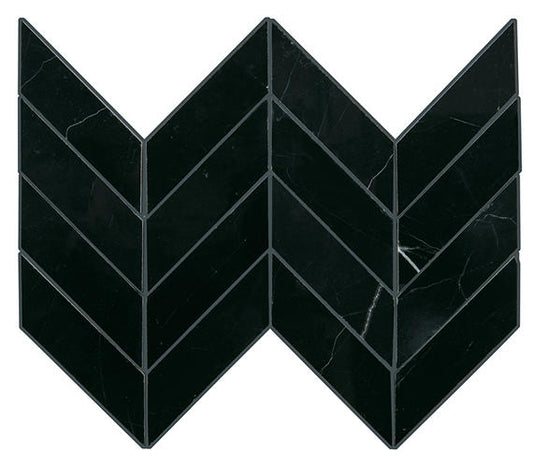14x14 Pietra Divina Chevron Mosaic Natural-Look Polished Smooth Marble Tile Black Marble