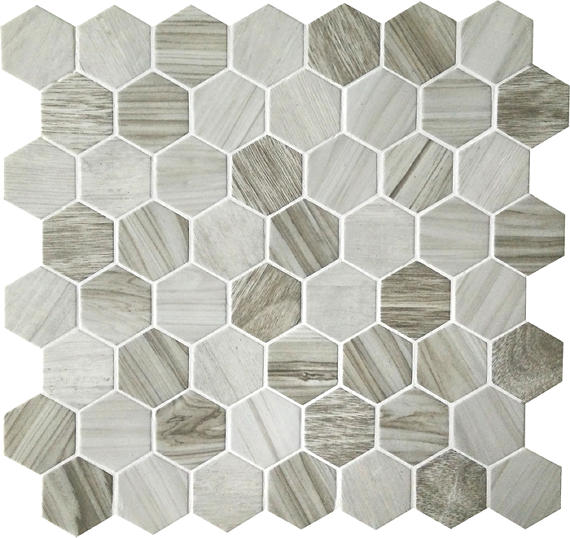 11/2 Crosswood Hexagon  Mosaic Wood-Look Matte Textured Glass Tile Light Gray