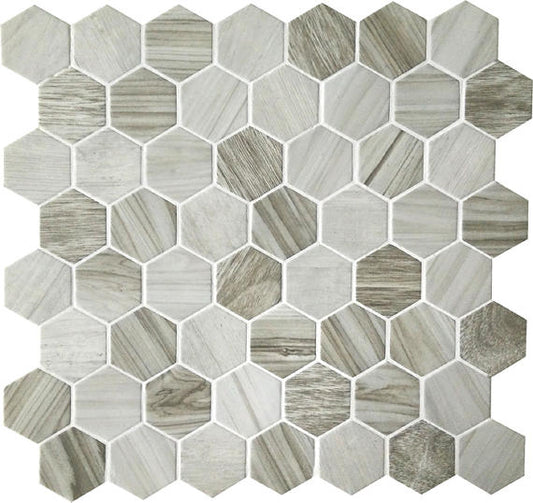 11x12 Crosswood Hexagon Mosaic Wood-Look Matte Textured Glass Tile