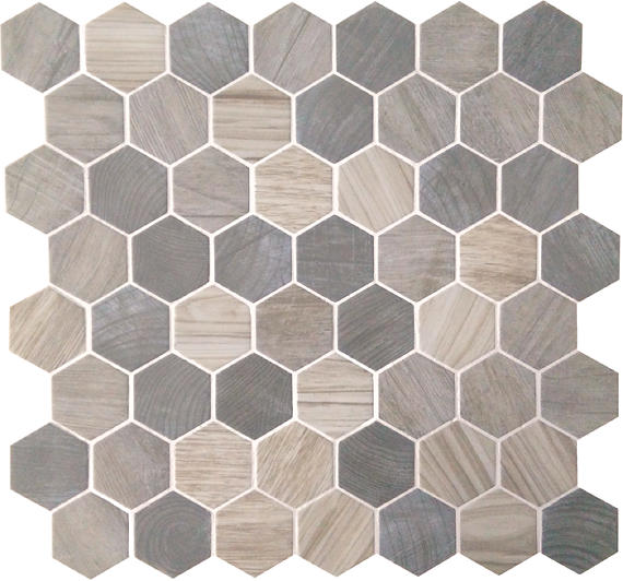 11/2 Crosswood Hexagon  Mosaic Wood-Look Matte Textured Glass Tile Medium Gray