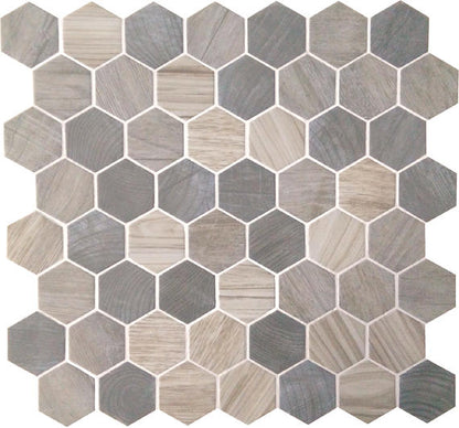 11/2 Crosswood Hexagon  Mosaic Wood-Look Matte Textured Glass Tile Medium Gray