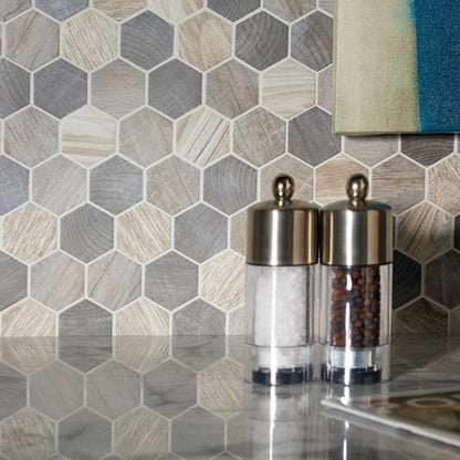 11/2 Crosswood Hexagon  Mosaic Wood-Look Matte Textured Glass Tile Medium Gray
