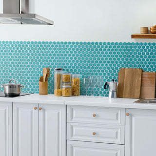 Ocean Blue - 12x14 Color Wheel Mosaic Hexagon Mosaic Solid-Color Glossy Smooth Ceramic Tile