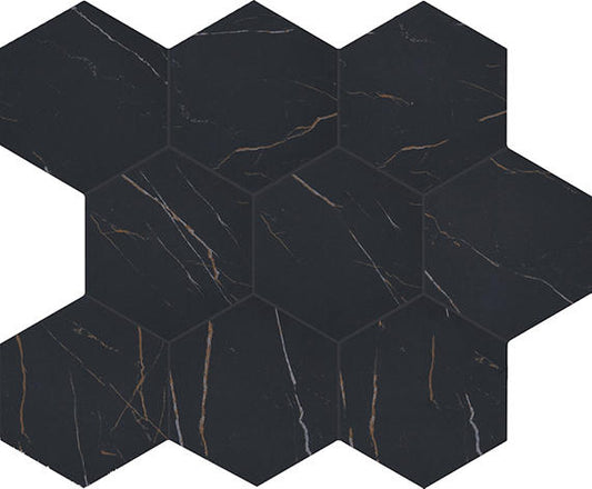 11/2 Perpetuo Hexagon Honeycomb  Mosaic Marble-Look Matte Smooth Porcelain Tile Midnight Black
