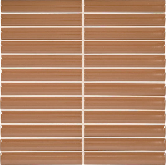 1x6 Artefino Vintage Linear Stacked Mosaic Solid-Color Glossy Smooth Porcelain Tile Copper Brown