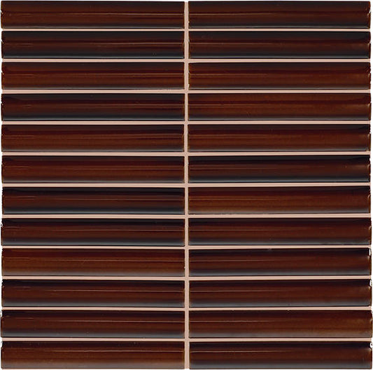 1x6 Artefino Vintage Linear Stacked Mosaic Solid-Color Glossy Smooth Porcelain Tile Mahogany Brown