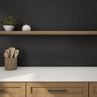 Jet Black - 11x12 Uptown Glass Hexagon Mixed-Color Mosaic Matte Smooth Stone Tile