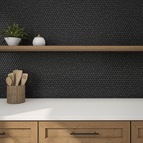 1 Uptown Glass Hexagon  Mosaic Solid-Color Matte Smooth Glass Tile Jet Black